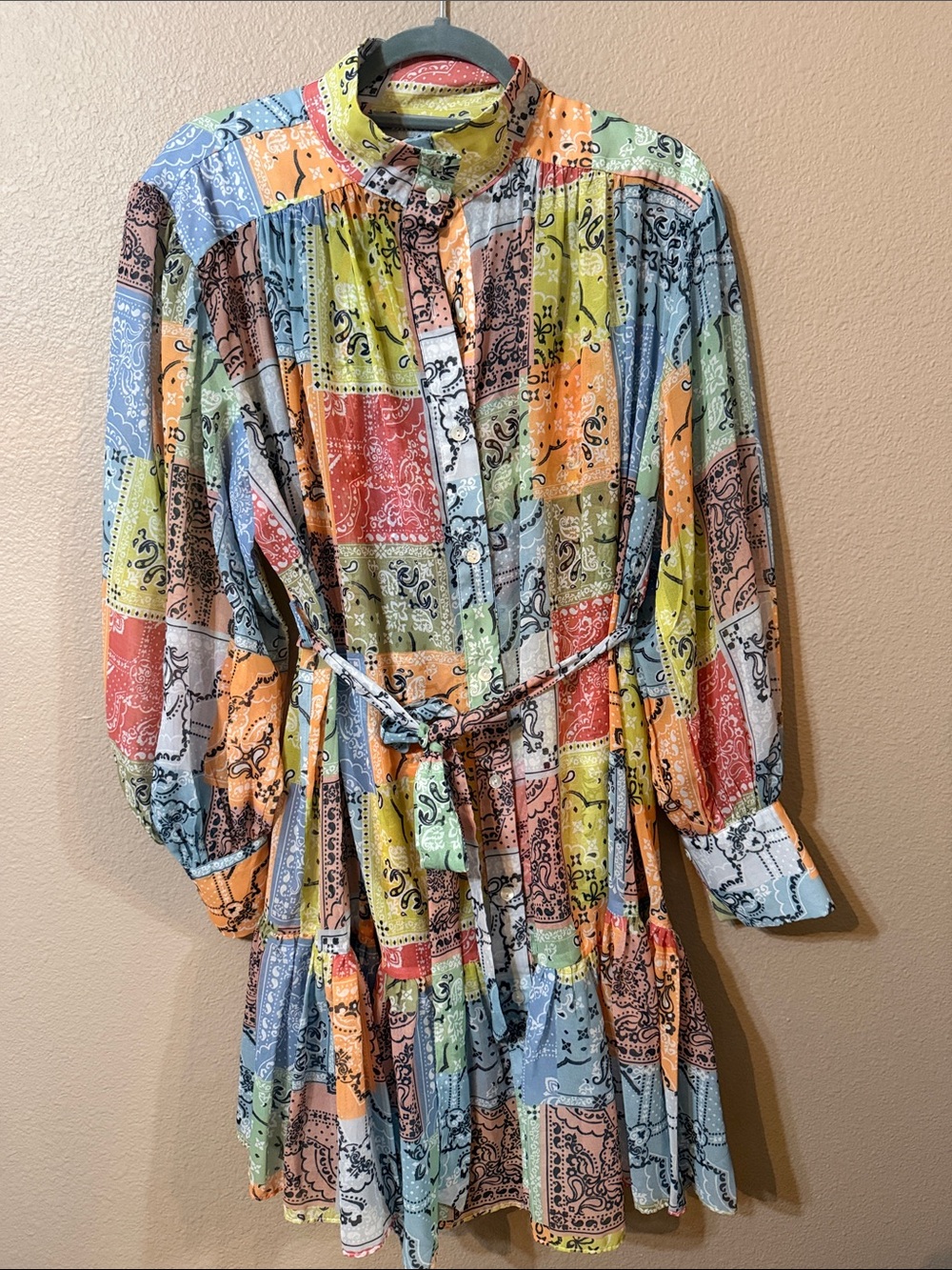 Multicolor Patchwork Paisley Long-Sleeve Tiered Mini Dress